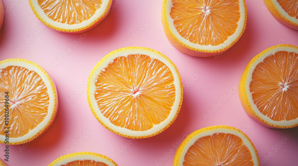 Obraz premium Vibrant orange slices arranged on a pastel pink background, showcasing their bright color and fresh texture, perfect for food photography.