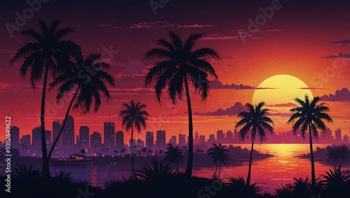 Synthwave illustration of palm trees and a sunset against a city skyline with retro elements.