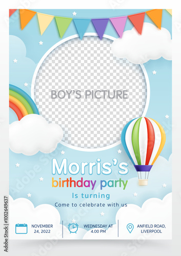 3D vector with hot air balloon and a rainbow blue background. Birthday invitation card for children, baby shower invite greeting card, child and kid party, social media, photo frame, post. It's a boy