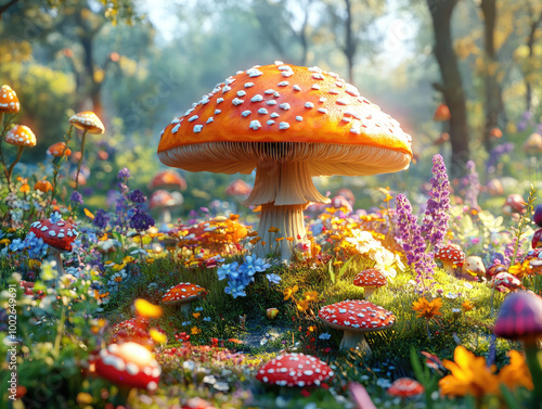 Vibrant orange mushroom surrounded by colorful flowers in a lush forest setting. photo