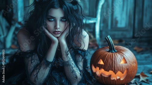 Dark Gothic Halloween Aesthetic with Pumpkins and Mysterious Girl