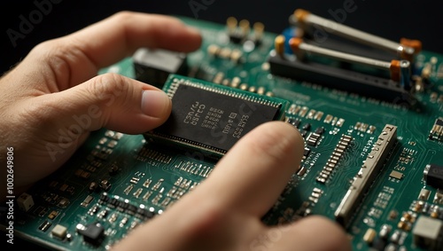 Technician checking microprocessor contacts.