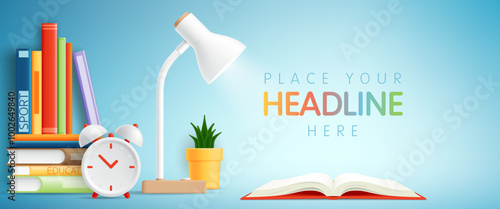 3D Back to school banner with school supplies for student, Creative workspace of a children's desk with study supplies, desk lamp, clocks and books for kid poster, kids cover, background, advertising