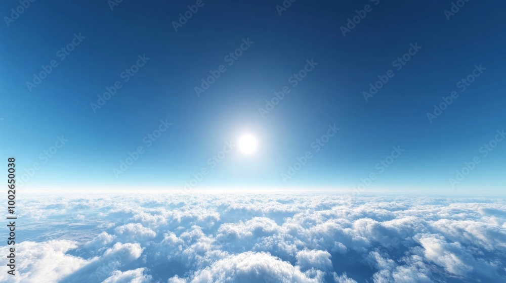 A panoramic landscape with a rich blue sky above sparse clouds, the sun a tiny bright point near the horizon A panoramic landscape with a rich blue sky above sparse clouds, the sun a tiny bright point near the horizon