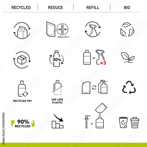 Refill packaging set icons. The outline icons are well scalable and editable. Contrasting elements are good for different backgrounds. Can be used for cleaning products, chemicals, sprayers. EPS10.