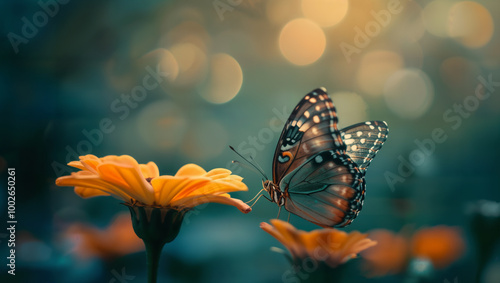 A simple composition of a butterfly on a flower, with a soft-focus background photo