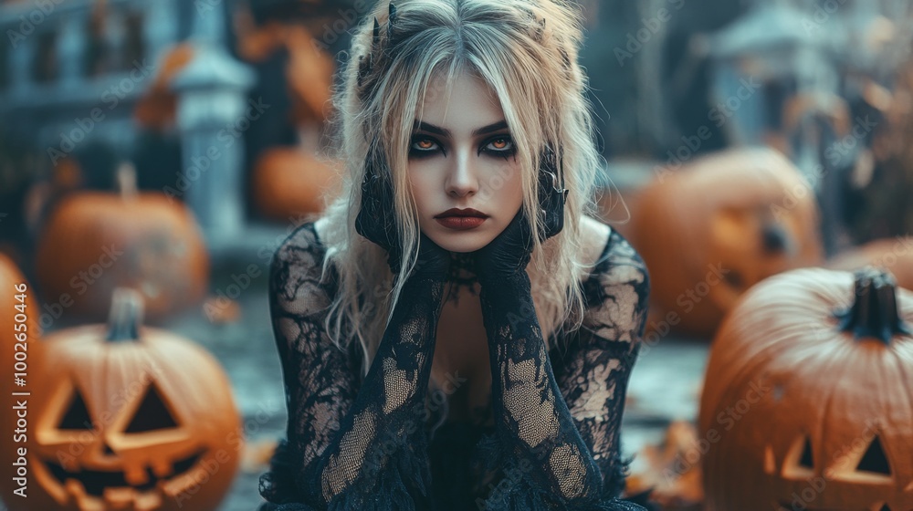 Fototapeta premium Dark Gothic Halloween Aesthetic with Pumpkins and Mysterious Girl