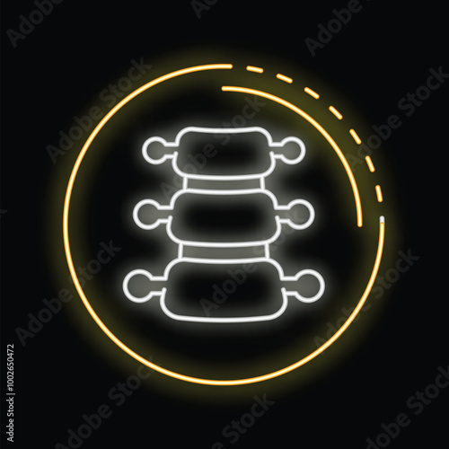 Bright neon sign showing a healthy spine with vertebrae on a black background