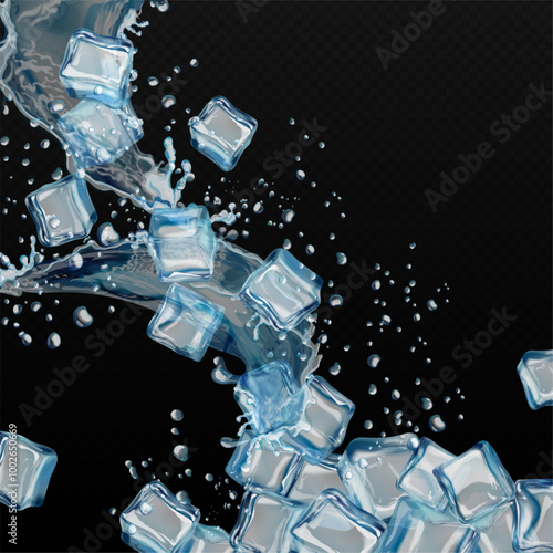 Ice cubes black background. Frosty cube iced square crystal in dark beverage, frozen freshness water clear liquid alcohol cocktail cool aqua ad realistic exact vector illustration