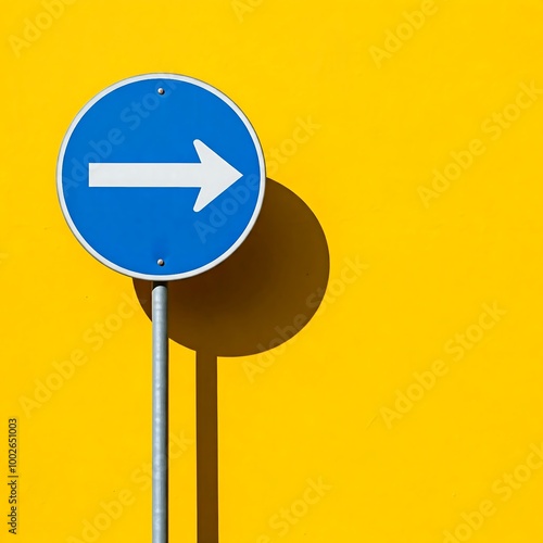 A blue round street sign post with arrow sign on it standing on yellow background photo