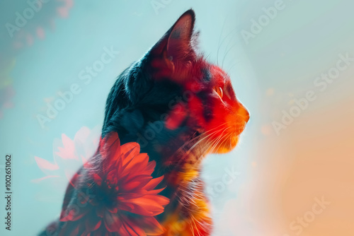 beautiful cat silhouette with vibrant flowers in background creates stunning visual effect. blend of colors evokes sense of tranquility and natures beauty photo