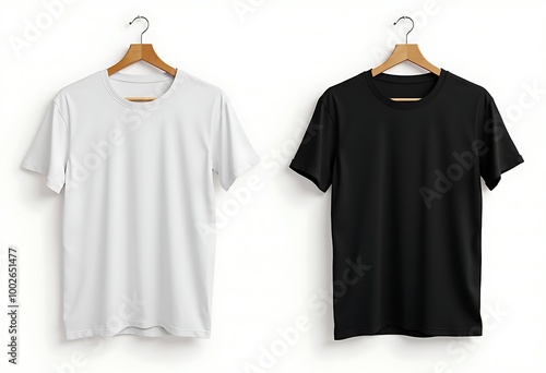 white and black short sleeves t-shirt with cloth hangers isolated on white background