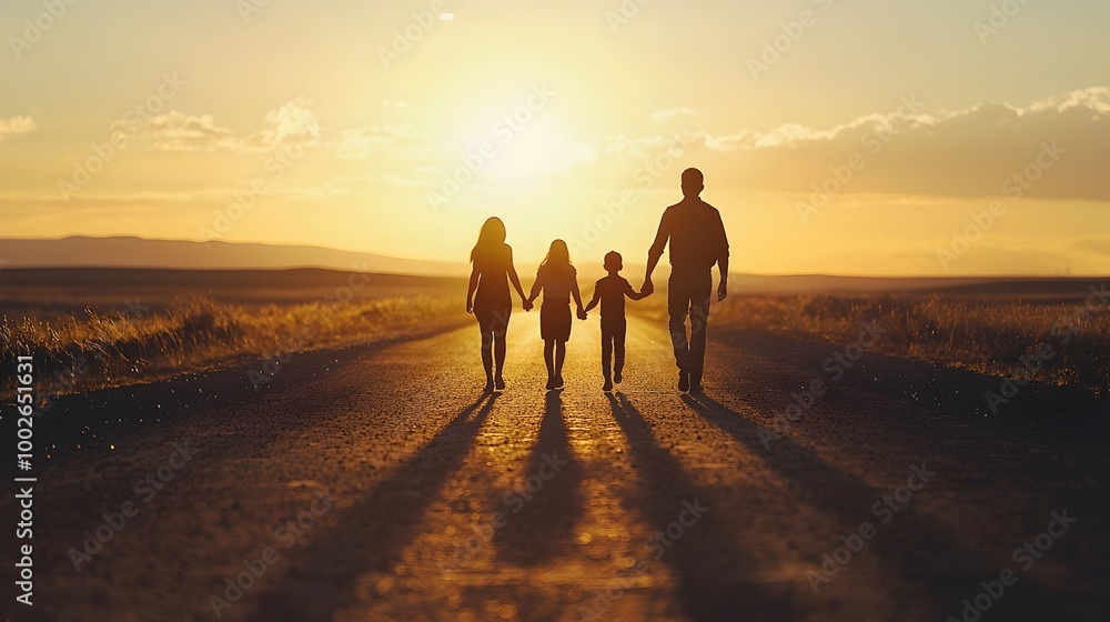 Silhouettes of a Family Walking Hand-in-Hand Towards the Horizon on an Open Road Silhouettes of a Family Walking Hand-in-Hand Towards the Horizon on an Open Road