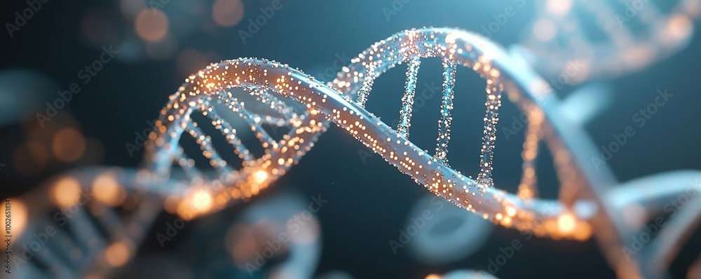 Molecular DNA strand glittering in a scientific visualization of genetic data Molecular DNA strand glittering in a scientific visualization of genetic data