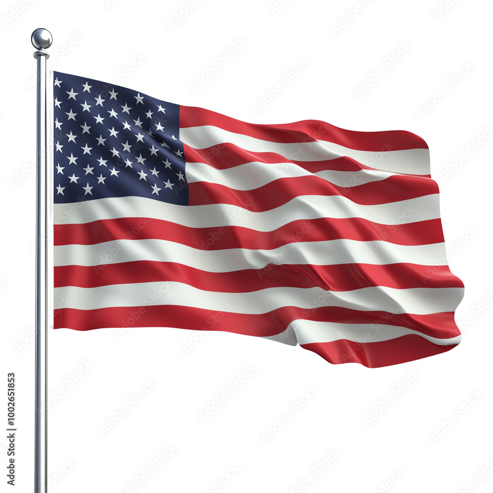Fototapeta premium American flag, vibrant colors, flowing fabric, isolated on white background. transparent background