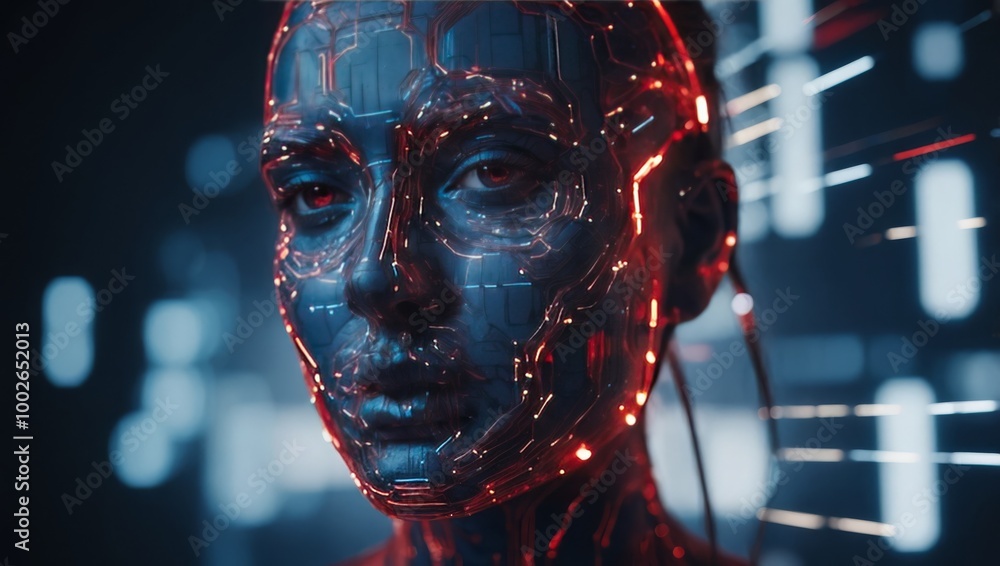 Deep Voodoo Deepfake Concept , A digital face with red and blue lines representing ...