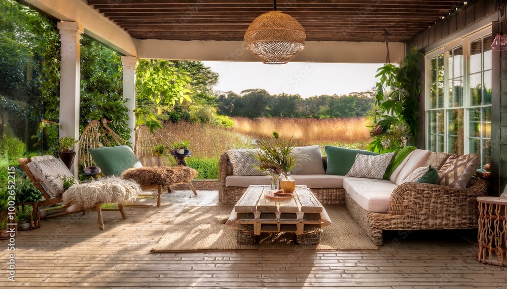 Fototapeta premium a stylish country style-themed living room, set against an uncluttered background to highlight the central elements, backyard patio and indoor space