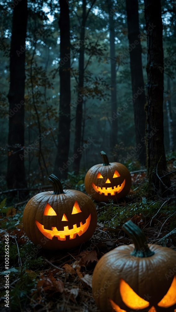 Three glowing jack-o'-lanterns in a spooky forest. Three glowing jack-o'-lanterns in a spooky forest.