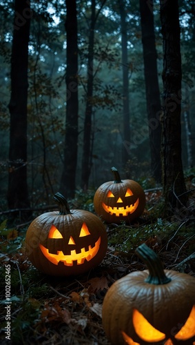 Three glowing jack-o'-lanterns in a spooky forest.