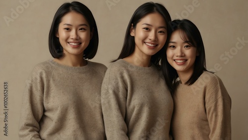 Three smiling Asian women in neutral sweaters posing together.