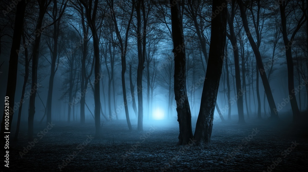 Spooky forest scene at night with eerie fog and ghostly blue lights illuminating the trees. The haunted atmosphere creates a chilling horror background perfect for Halloween or any creepy concept, wit Spooky forest scene at night with eerie fog and ghostly blue lights illuminating the trees. The haunted atmosphere creates a chilling horror background perfect for Halloween or any creepy concept, wit