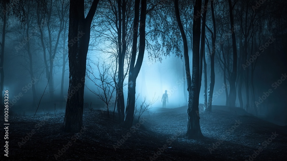 Spooky forest scene at night with eerie fog and ghostly blue lights illuminating the trees. The haunted atmosphere creates a chilling horror background perfect for Halloween or any creepy concept, wit Spooky forest scene at night with eerie fog and ghostly blue lights illuminating the trees. The haunted atmosphere creates a chilling horror background perfect for Halloween or any creepy concept, wit