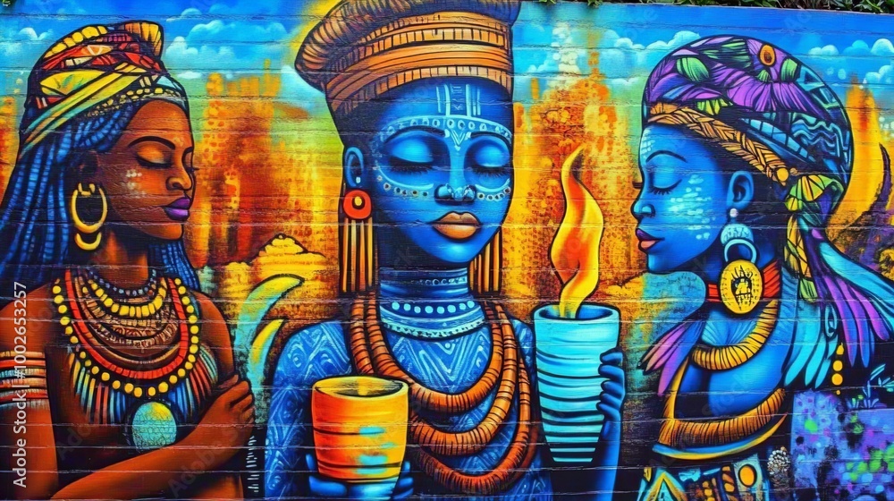 Vibrant mural depicting three women of color with elaborate headdresses and jewelry, holding candles. Vibrant mural depicting three women of color with elaborate headdresses and jewelry, holding candles.