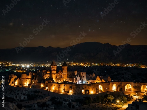 Timelapse zoom-out of Goreme village in Cappadocia at night.