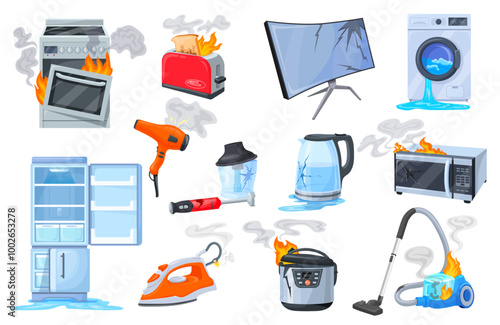 Broken household appliances. Electronic home appliance damage fire burnt electric domestic device repair problem, kitchen machine refrigerator television, neat vector illustration