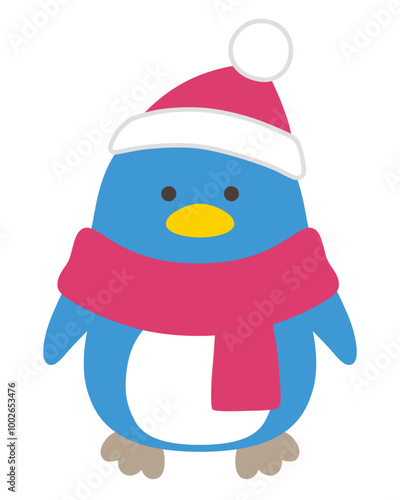 冬のペンギンのベクターイラスト。クリスマス、帽子、マフラー、鳥
