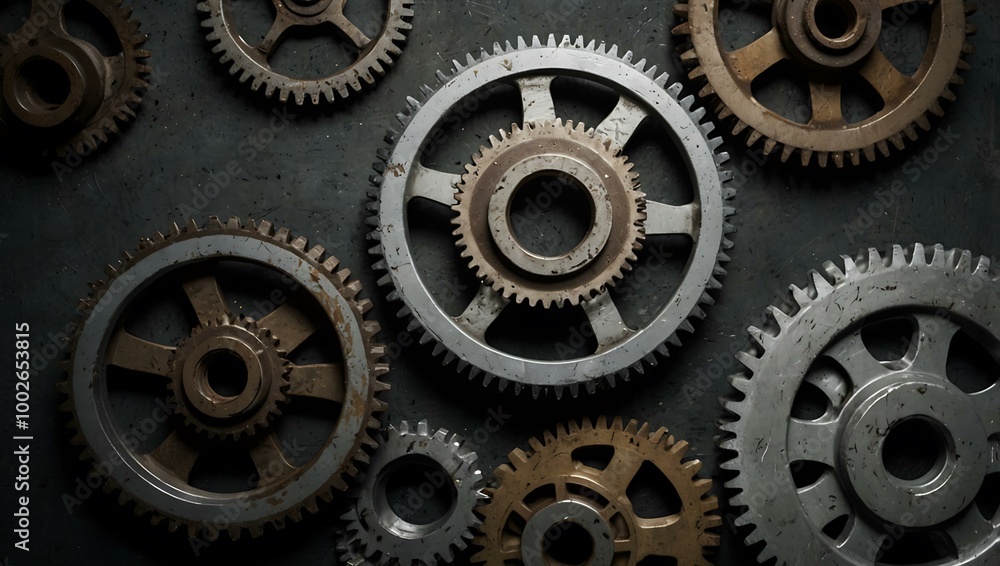Top view of gears on a metal surface. Top view of gears on a metal surface.