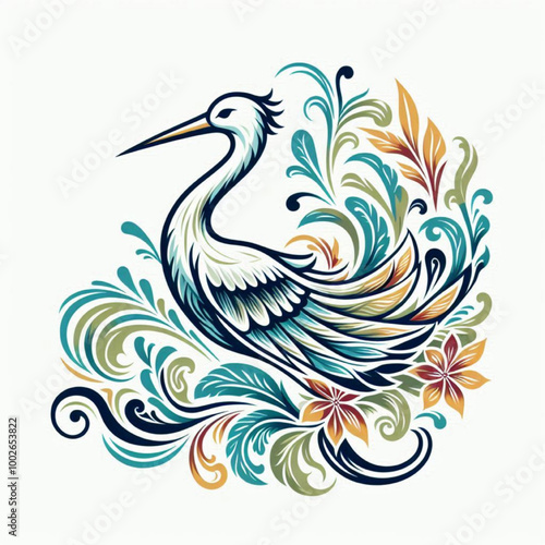 colorful stork with floral batik pattern combination