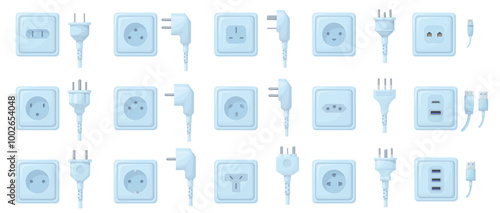 Plug outlet type. Electric sockets and wire plugs, plastic charger power adapter world country socket types uk electrical or internet connector cartoon set neat vector illustration