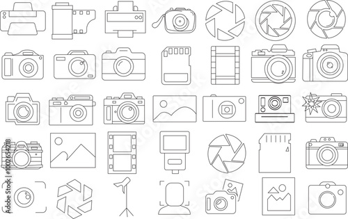 Photography icon set for logo and T-Shirt. Thin line art editable stroke.