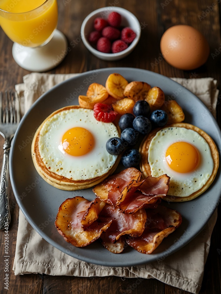Traditional American breakfast with pancakes, bacon, eggs, and fresh fruit. Traditional American breakfast with pancakes, bacon, eggs, and fresh fruit.