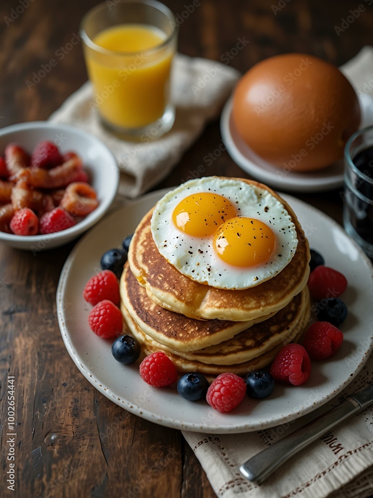 Traditional American breakfast with pancakes, bacon, eggs, and fresh fruit. Traditional American breakfast with pancakes, bacon, eggs, and fresh fruit.
