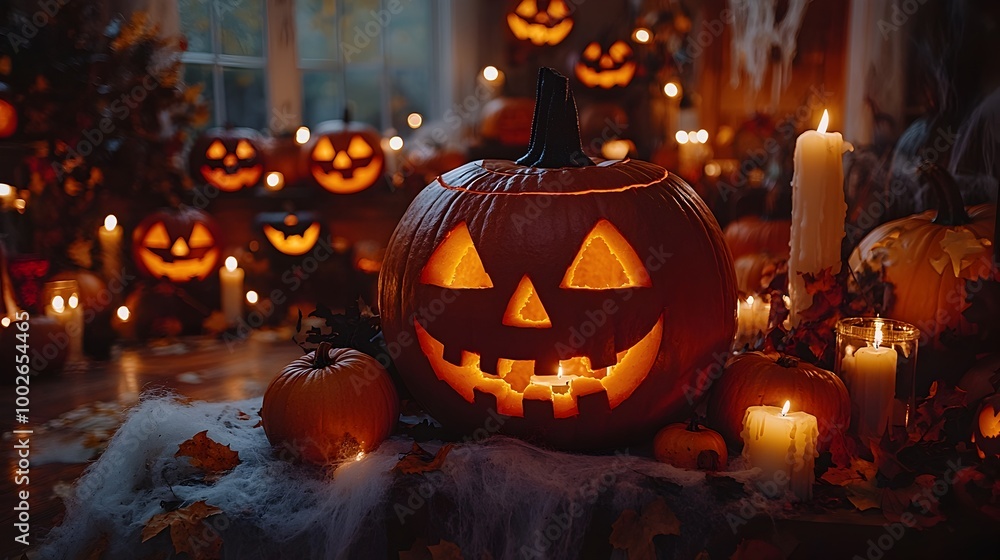 Fototapeta premium Spooky Halloween Jack-o'-Lanterns and Candles in Haunted Atmosphere