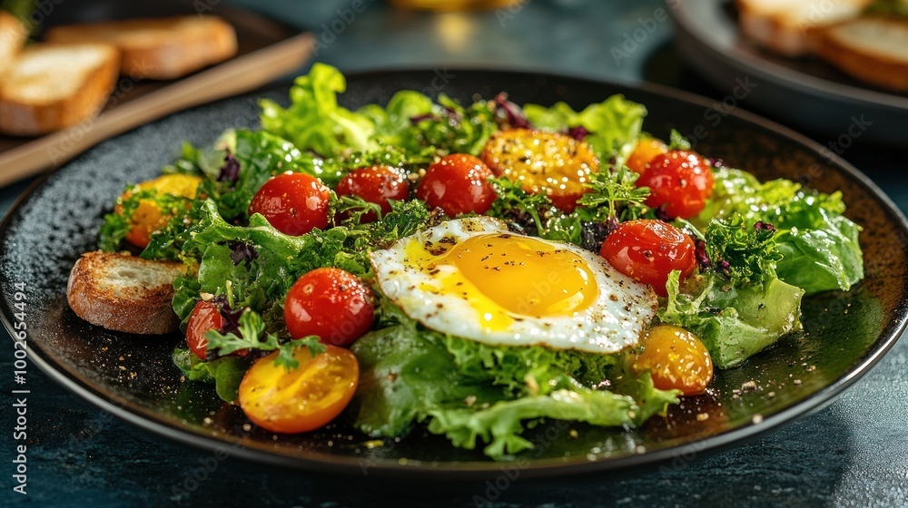 Fresh Salad with Fried Egg and Cherry Tomatoes Fresh Salad with Fried Egg and Cherry Tomatoes