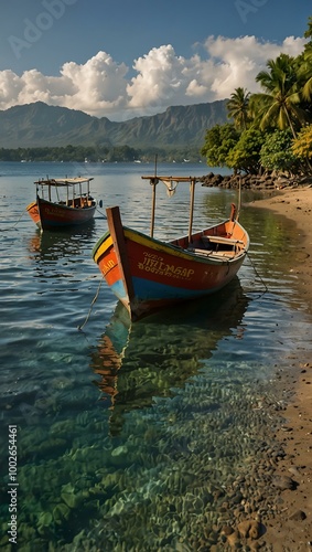 Traditional Balinese fishing boats anchored in Pemuteran, Bali.