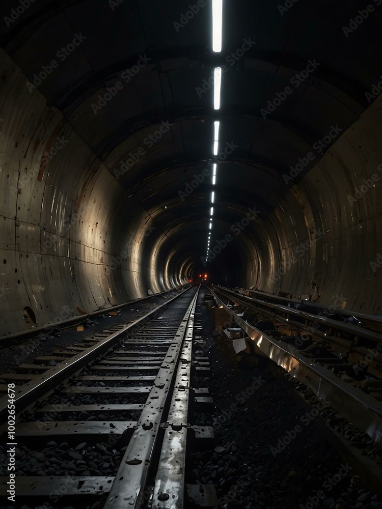 Train track disappearing into a dark tunnel, showcasing high-tech construction. Train track disappearing into a dark tunnel, showcasing high-tech construction.
