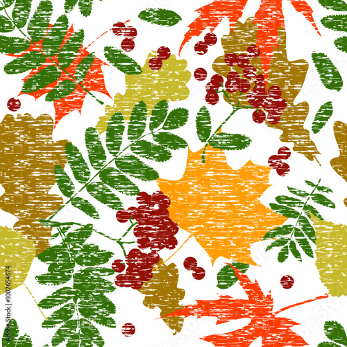 Seamless autumn background. Rowan branch with berries and autumn leaves. Vintage prints stylized drawing. Vector illustration