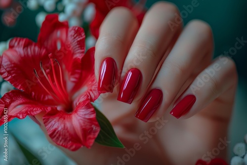 Closeup of a woman's hands with a manicure on long square nails, painted in a vibrant red shade, red shellac manicure, Festive Red Manicure, red manicure with glossy finish, Bright red manicure photo