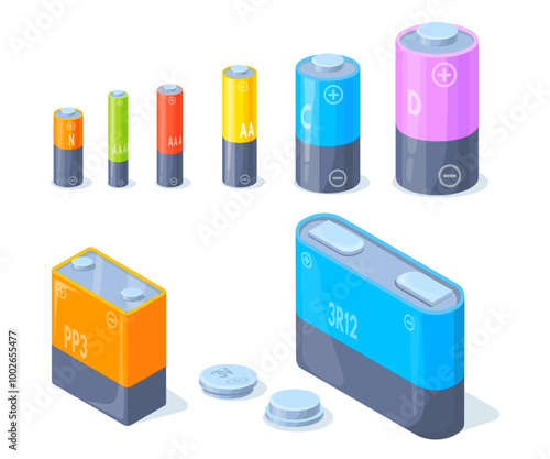 Alkaline battery type. Nickel recharge accumulator batteries set, aa aaa cylinder cell or coin types 9v 6v electric power li-ion lithium charger, isometric neat vector illustration