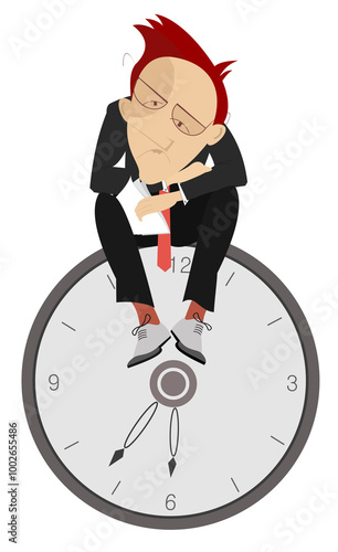Businessman. Time concept. Deadline.
Tired and sad businessman sits on the clock. On white background
