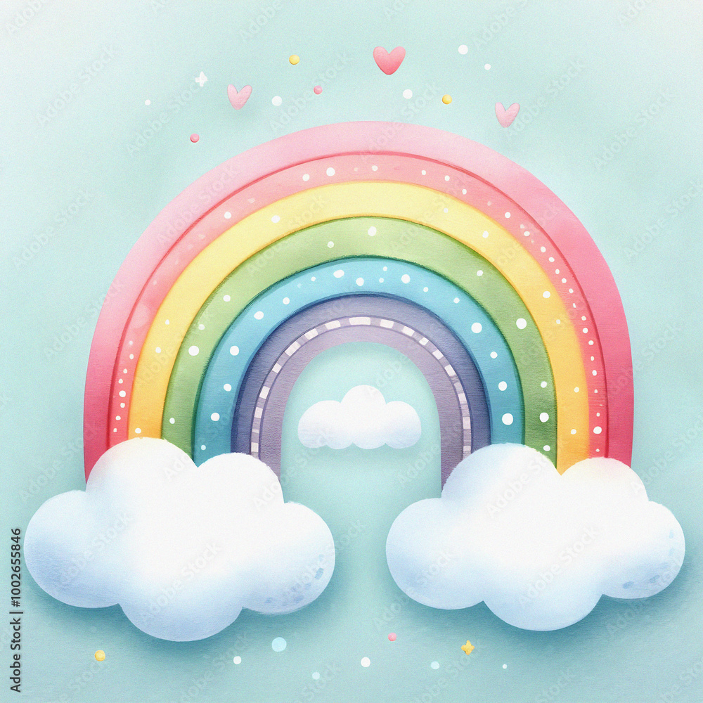 Watercolor illustration of cute rainbow with clouds. Nursery concept. Children's room.
Watercolor illustration of cute rainbow with clouds. Nursery concept. Children's room.