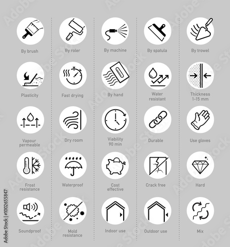 Set icons for finishing, decoration materials. The outline icons are well scalable and editable. Contrasting vector elements are good for different backgrounds. EPS10.	