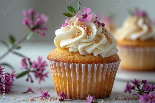 Gluten free muffin, gluten-free cupcake topped with a small, edible flower. Indulgent snack, gluten free homemmade cupcake, buckwheat flour, rice flour bakery, rice flour cupcake, gluten free flour