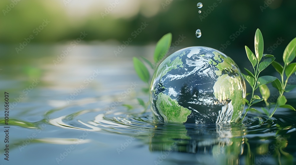 Floating green planet with ripples in fresh water pond surrounded by green leaves,conveying Floating green planet with ripples in fresh water pond surrounded by green leaves,conveying