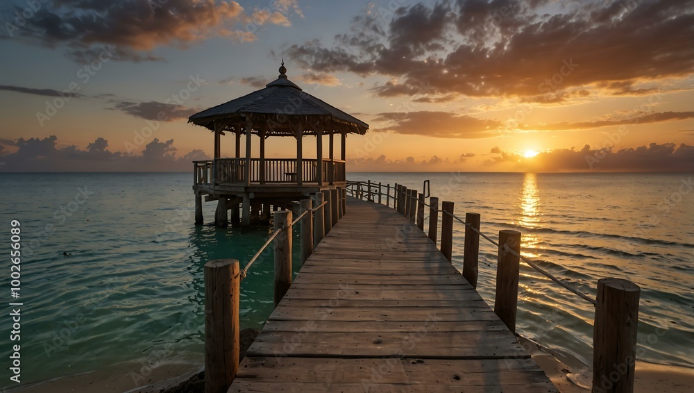 Tropical beach at sunset with a wooden bridge to a gazebo. Tropical beach at sunset with a wooden bridge to a gazebo.