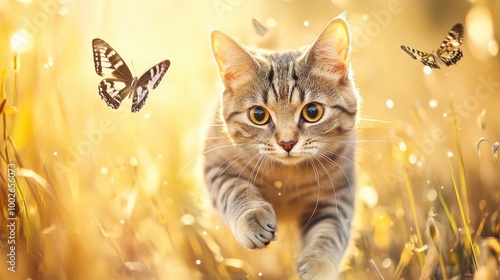 A cat is running through a field of grass with butterflies in the background photo